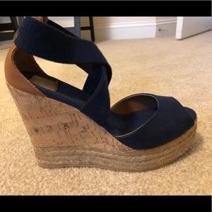 Tory Burch Platform Wedge Espadrille Navy and Tan